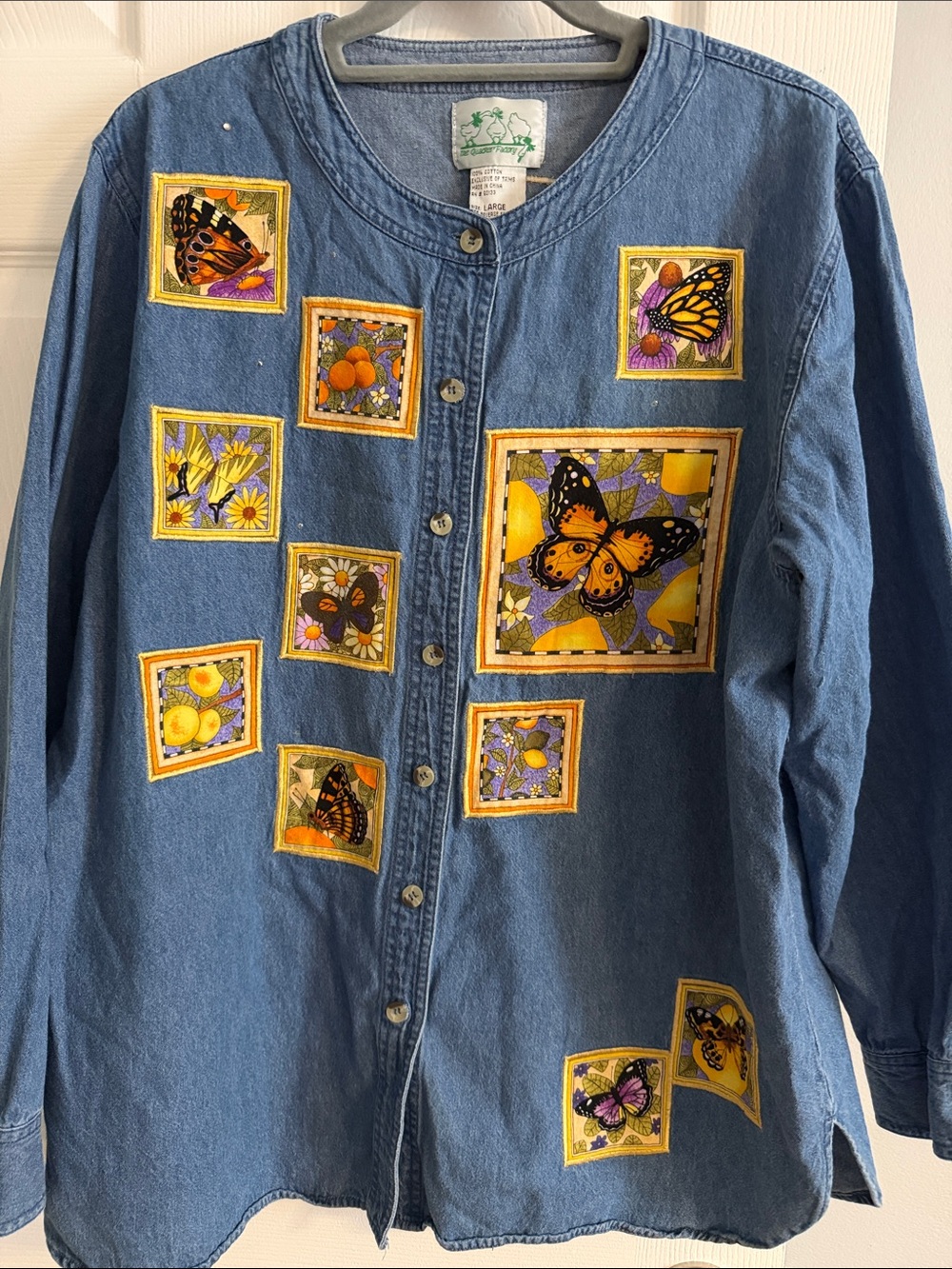 Quacker Factory Butterfly Patches - Lighter Blue Denim 100% Cotton - size Large